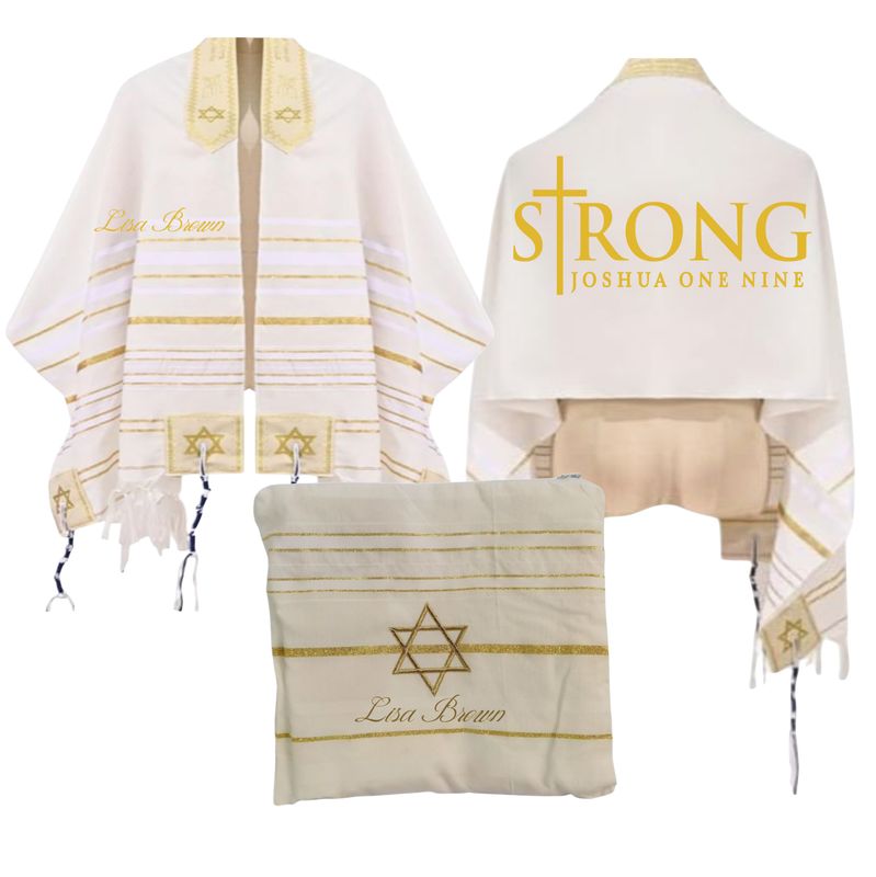 Personalized Christian prayer shawl with custom name, scripture verse, and matching pouch – crafted for worship and comfort