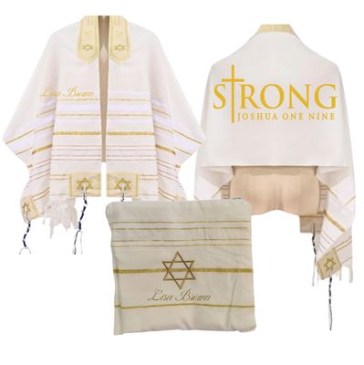 Personalized Christian prayer shawl with custom name, scripture verse, and matching pouch – crafted for worship and comfort