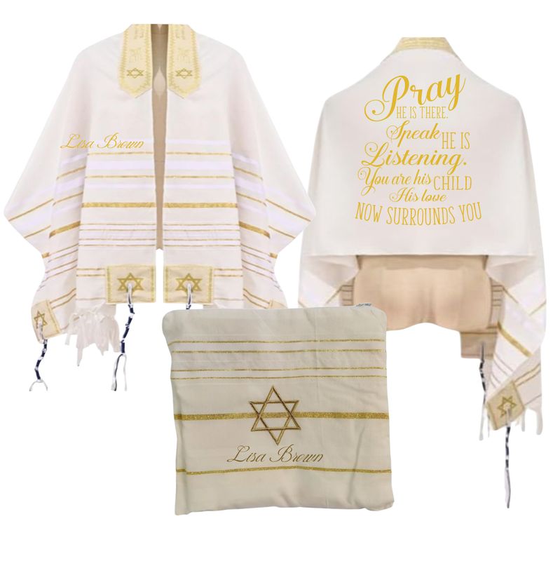Personalized Christian prayer shawl with custom name, scripture verse, and matching pouch – crafted for worship and comfort
