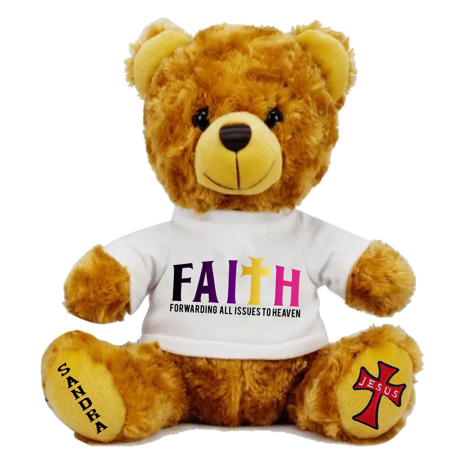 Plush teddy bear wearing a shirt printed with personalized Bible verse and recipient’s name, Christian faith-inspired gift.