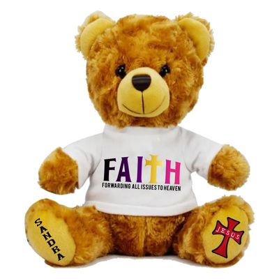 Plush teddy bear wearing a shirt printed with personalized Bible verse and recipient’s name, Christian faith-inspired gift.
