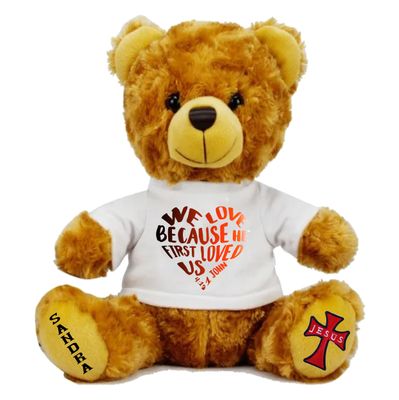 Personalized Scripture Teddy Bear with Name | Faithful Comfort Gift | Birthday Bear | Grad Bear | Customized Stuffed Animal Plush teddy bear wearing a shirt printed with personalized Bible verse and recipient’s name, Christian faith-inspired gift.