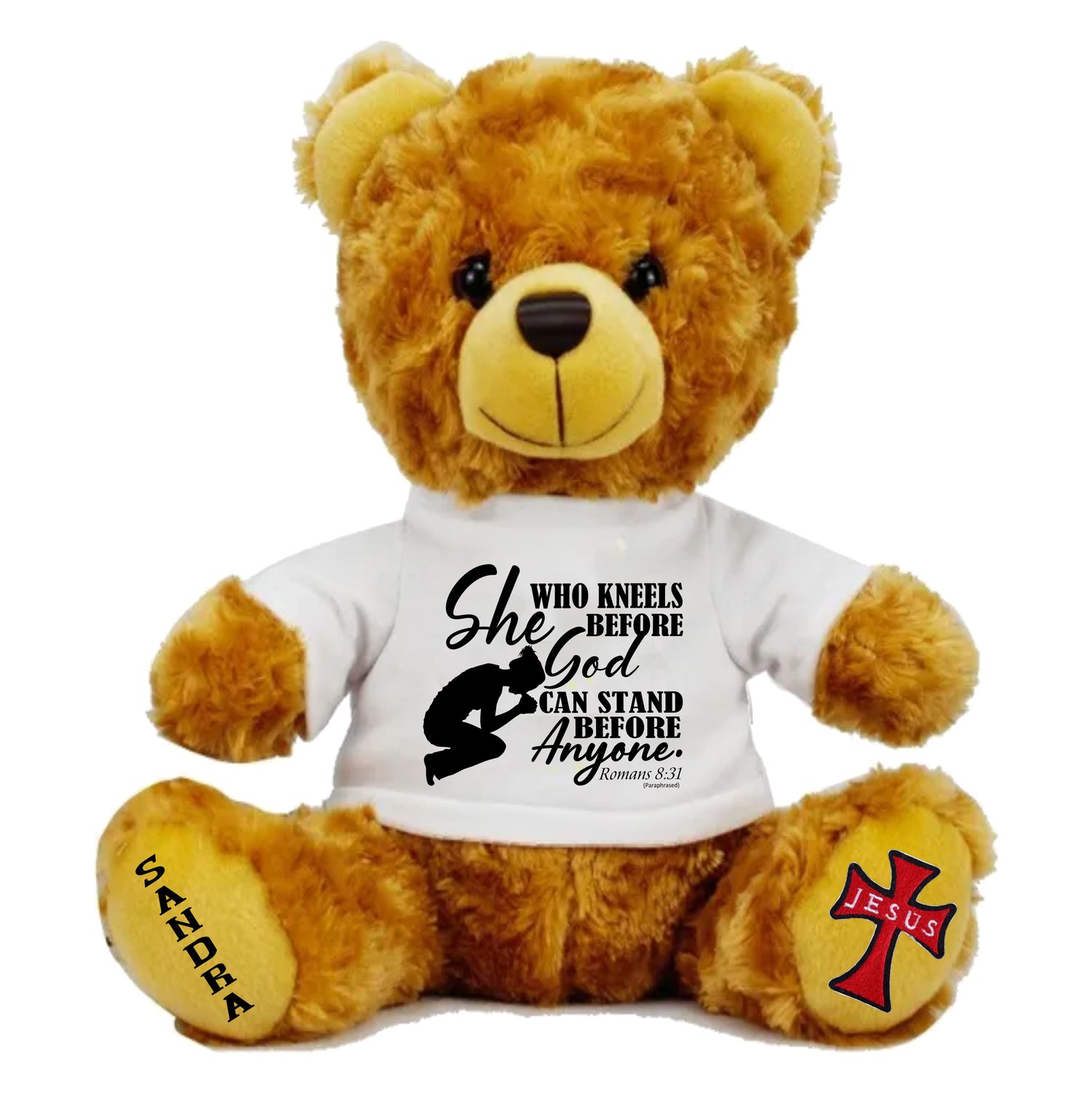 Plush teddy bear wearing a shirt printed with personalized Bible verse and recipient’s name, Christian faith-inspired gift.