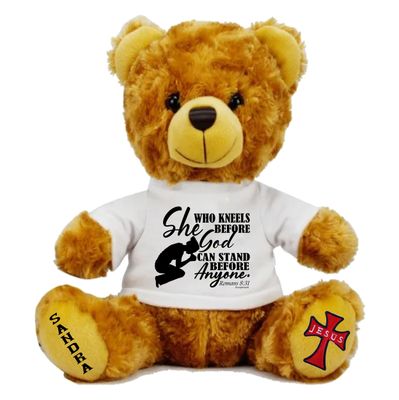 Plush teddy bear wearing a shirt printed with personalized Bible verse and recipient’s name, Christian faith-inspired gift.