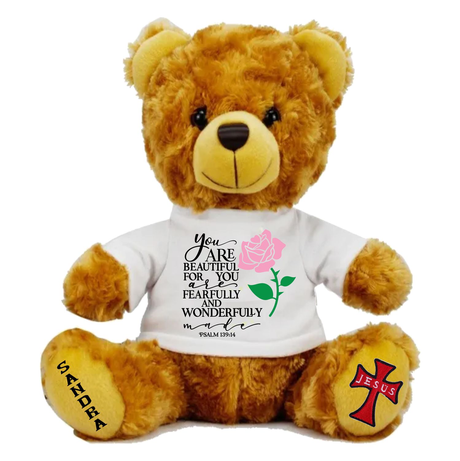 Plush teddy bear wearing a shirt printed with personalized Bible verse and recipient’s name, Christian faith-inspired gift.