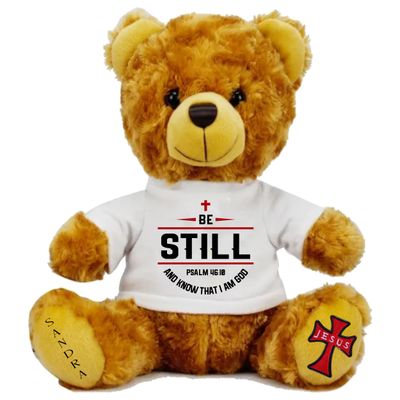 Personalized Scripture Teddy Bear with Name | Faithful Comfort Gift | Birthday Bear | Grad Bear | Customized Stuffed Animal Plush teddy bear wearing a shirt printed with personalized Bible verse and recipient’s name, Christian faith-inspired gift.