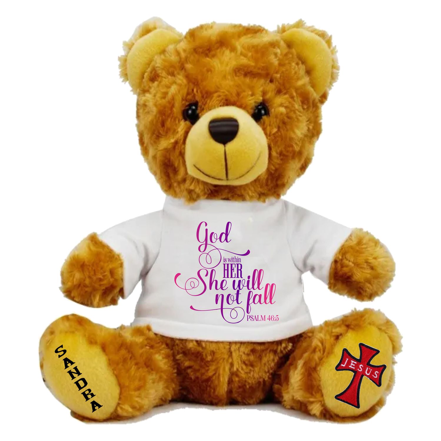 Plush teddy bear wearing a shirt printed with personalized Bible verse and recipient’s name, Christian faith-inspired gift.