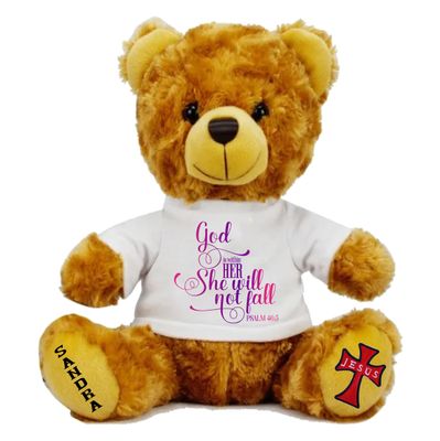 Personalized Scripture Teddy Bear with Name | Faithful Comfort Gift | Birthday Bear | Grad Bear | Customized Stuffed Animal Plush teddy bear wearing a shirt printed with personalized Bible verse and recipient’s name, Christian faith-inspired gift.