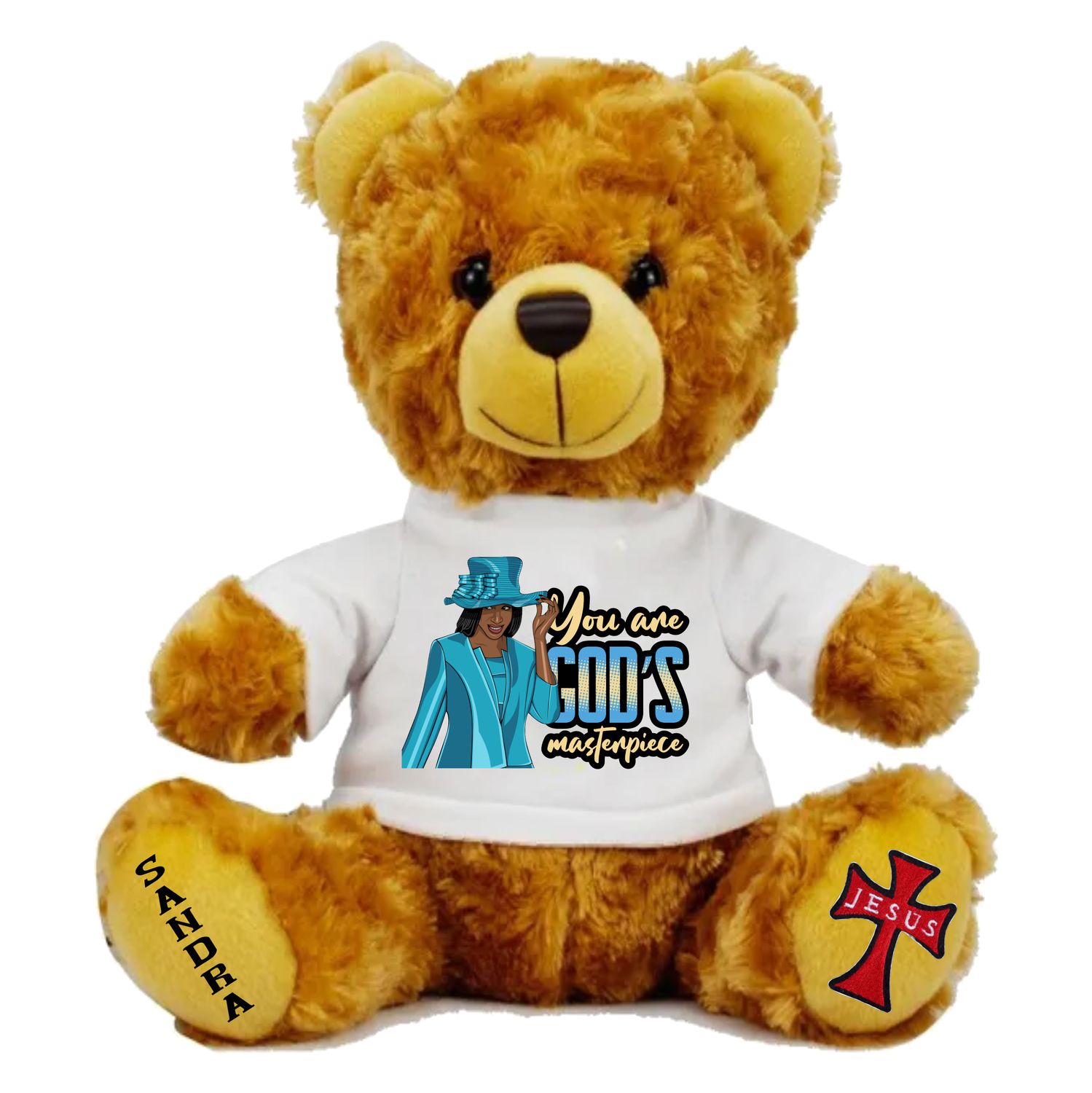 Plush teddy bear wearing a shirt printed with personalized Bible verse and recipient’s name, Christian faith-inspired gift.