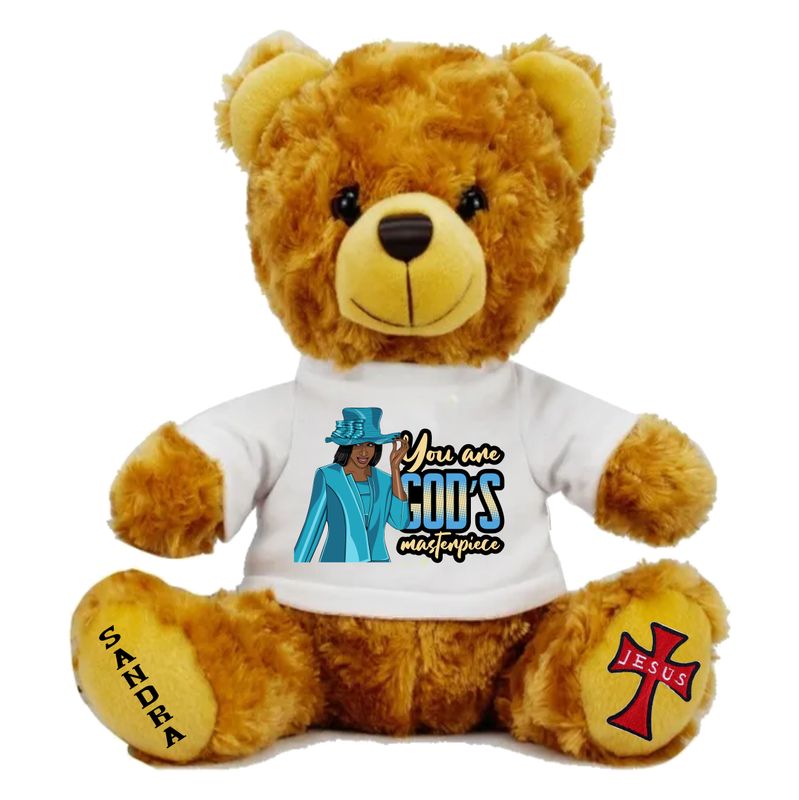 Personalized Scripture Teddy Bear with Name | Faithful Comfort Gift | Birthday Bear | Grad Bear | Customized Stuffed Animal Plush teddy bear wearing a shirt printed with personalized Bible verse and recipient’s name, Christian faith-inspired gift.