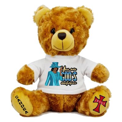 Plush teddy bear wearing a shirt printed with personalized Bible verse and recipient’s name, Christian faith-inspired gift.
