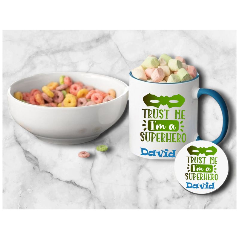 Personalized kids’ mug and coaster set featuring child’s name and uplifting sayings in playful design.