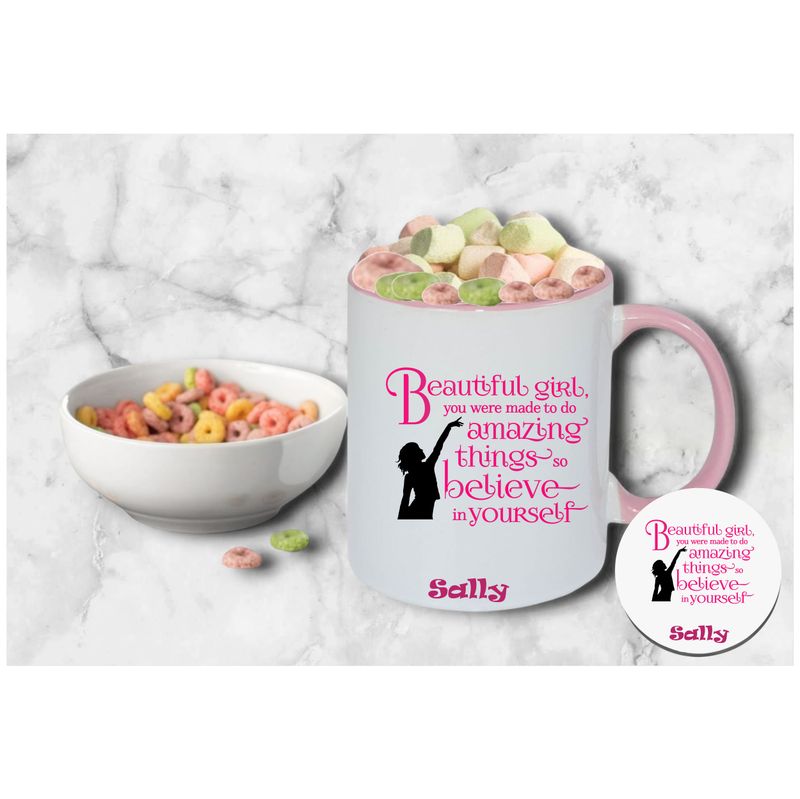 Personalized Kids’ Mug & Coaster Set | Ceramic Mug for Tea, Milk, & Hot Cocoa Personalized kids’ mug and coaster set featuring child’s name and uplifting sayings in playful design.