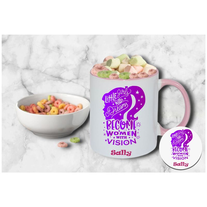 Personalized Kids’ Mug & Coaster Set | Ceramic Mug for Tea, Milk, & Hot Cocoa Personalized kids’ mug and coaster set featuring child’s name and uplifting sayings in playful design.