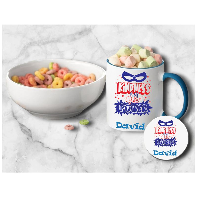 Personalized Kids’ Mug & Coaster Set | Ceramic Mug for Tea, Milk, & Hot Cocoa Personalized kids’ mug and coaster set featuring child’s name and uplifting sayings in playful design.