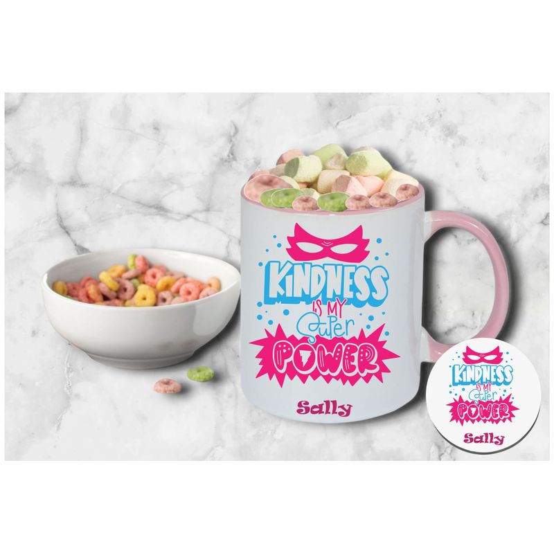 Personalized kids’ mug and coaster set featuring child’s name and uplifting sayings in playful design.