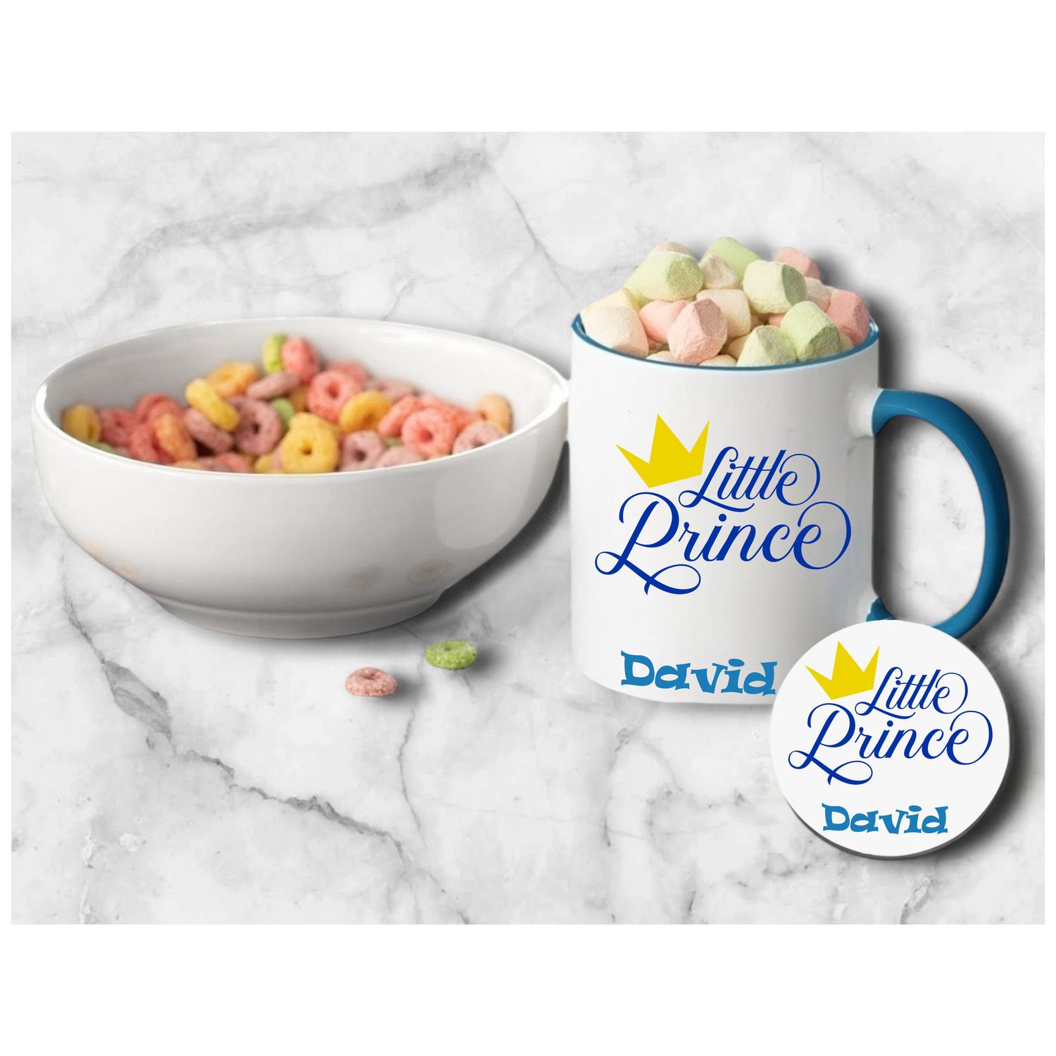 Personalized kids’ mug and coaster set featuring child’s name and uplifting sayings in playful design.