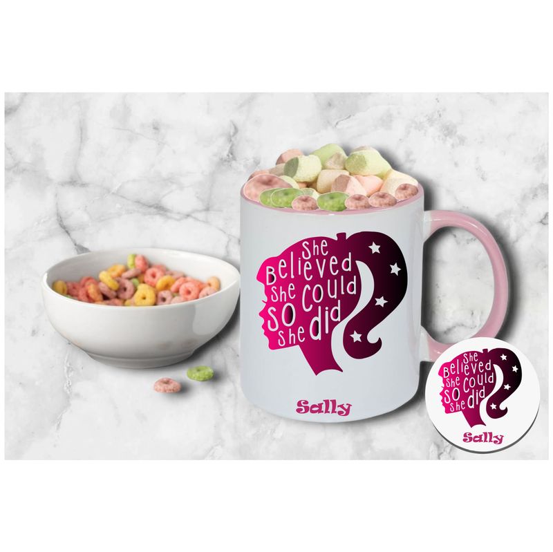 Personalized Kids’ Mug & Coaster Set | Ceramic Mug for Tea, Milk, & Hot Cocoa Personalized kids’ mug and coaster set featuring child’s name and uplifting sayings in playful design.