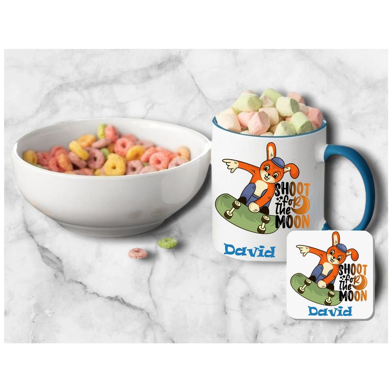Personalized Kids’ Mug & Coaster Set | Ceramic Mug for Tea, Milk, & Hot Cocoa Personalized kids’ mug and coaster set featuring child’s name and uplifting sayings in playful design.