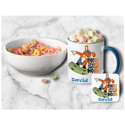 Personalized Kids’ Mug & Coaster Set | Ceramic Mug for Tea, Milk, & Hot Cocoa Personalized kids’ mug and coaster set featuring child’s name and uplifting sayings in playful design.