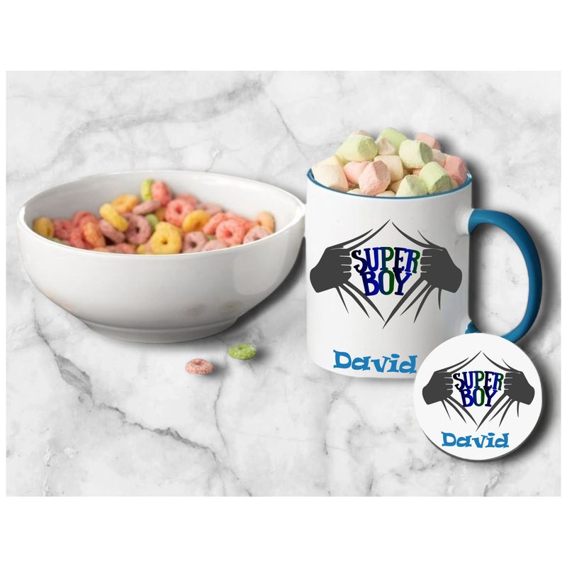 Personalized kids’ mug and coaster set featuring child’s name and uplifting sayings in playful design.