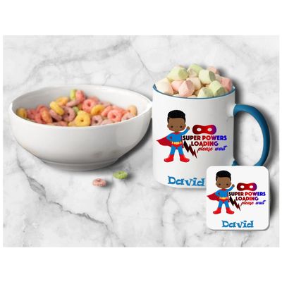 Personalized kids’ mug and coaster set featuring child’s name and uplifting sayings in playful design.