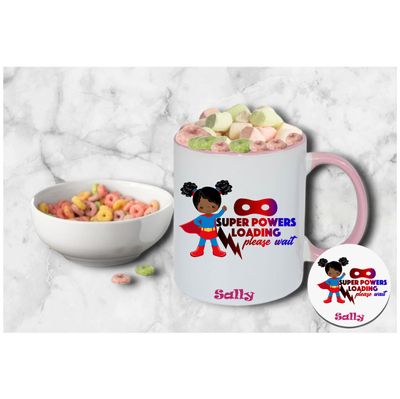 Personalized kids’ mug and coaster set featuring child’s name and uplifting sayings in playful design.