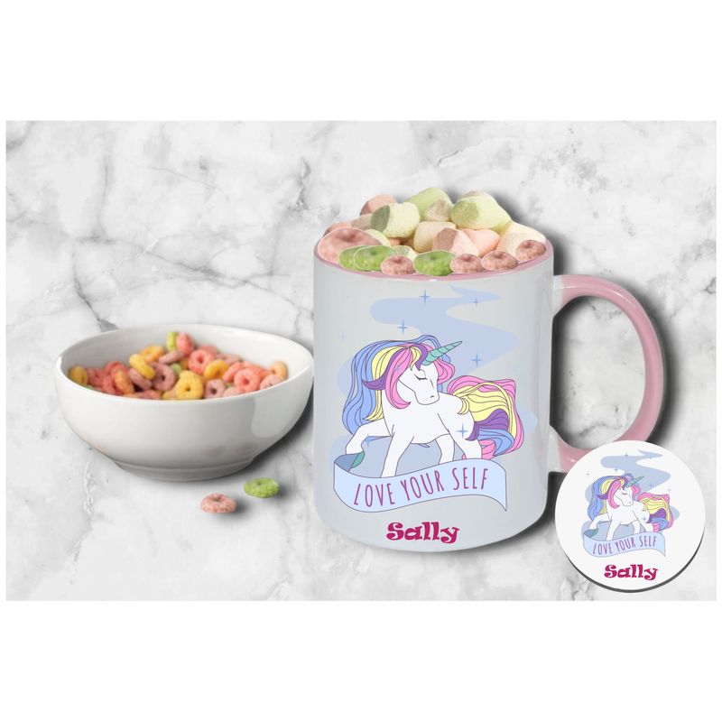 Personalized Kids’ Mug & Coaster Set | Ceramic Mug for Tea, Milk, & Hot Cocoa Personalized kids’ mug and coaster set featuring child’s name and uplifting sayings in playful design.
