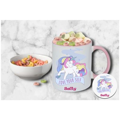 Personalized Kids’ Mug & Coaster Set | Ceramic Mug for Tea, Milk, & Hot Cocoa Personalized kids’ mug and coaster set featuring child’s name and uplifting sayings in playful design.