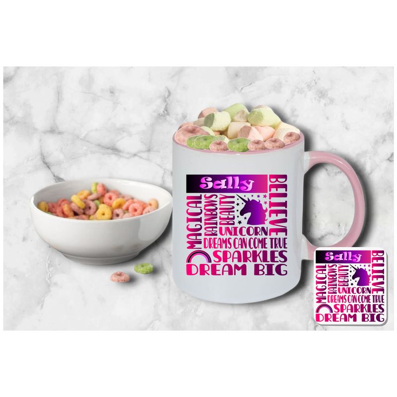 Personalized Kids’ Mug & Coaster Set | Ceramic Mug for Tea, Milk, & Hot Cocoa Personalized kids’ mug and coaster set featuring child’s name and uplifting sayings in playful design.