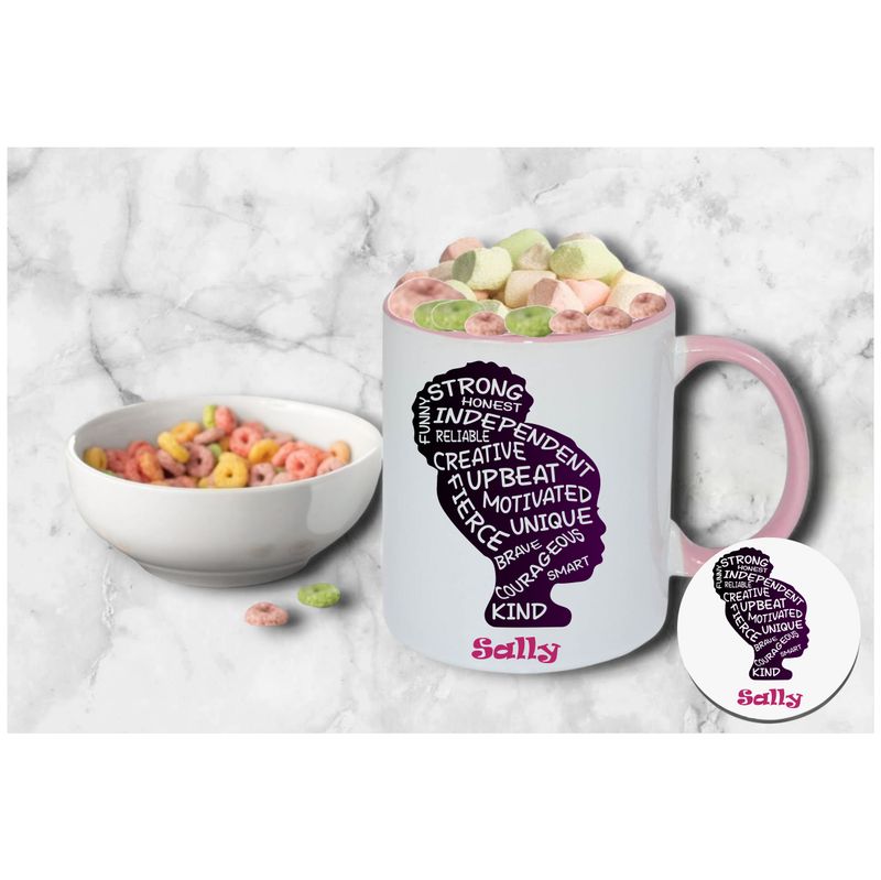 Personalized Kids’ Mug & Coaster Set | Ceramic Mug for Tea, Milk, & Hot Cocoa Personalized kids’ mug and coaster set featuring child’s name and uplifting sayings in playful design.