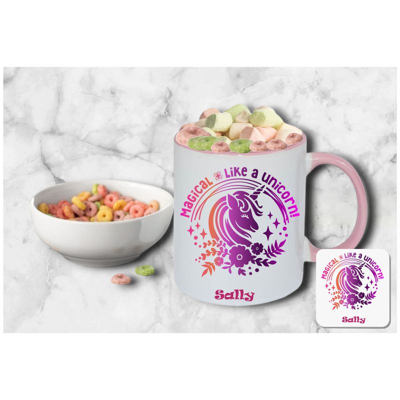 Personalized Kids’ Mug & Coaster Set | Ceramic Mug for Tea, Milk, & Hot Cocoa Personalized kids’ mug and coaster set featuring child’s name and uplifting sayings in playful design.
