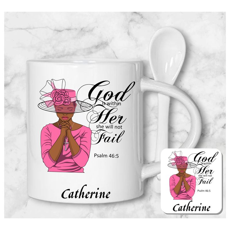 Personalized Faith-Inspired Mug & Coaster Sets | Ceramic Coffee Mug for Tea, Milk, Latte, & Hot Cocoa Personalized mug and coaster set featuring recipient’s name, Bible verse, and inspirational phrase in elegant design.