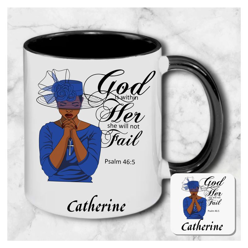 Personalized mug and coaster set featuring recipient’s name, Bible verse, and inspirational phrase in elegant design.