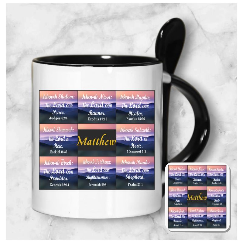 Personalized Faith-Inspired Mug & Coaster Sets | Ceramic Coffee Mug for Tea, Milk, Latte, & Hot Cocoa Personalized mug and coaster set featuring recipient’s name, Bible verse, and inspirational phrase in elegant design.