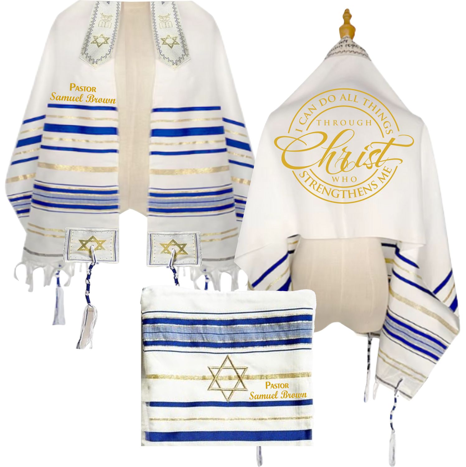 Personalized Christian prayer shawl with custom name, scripture verse, and matching pouch – crafted for worship and comfort