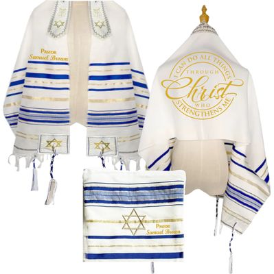 Personalized Christian prayer shawl with custom name, scripture verse, and matching pouch – crafted for worship and comfort