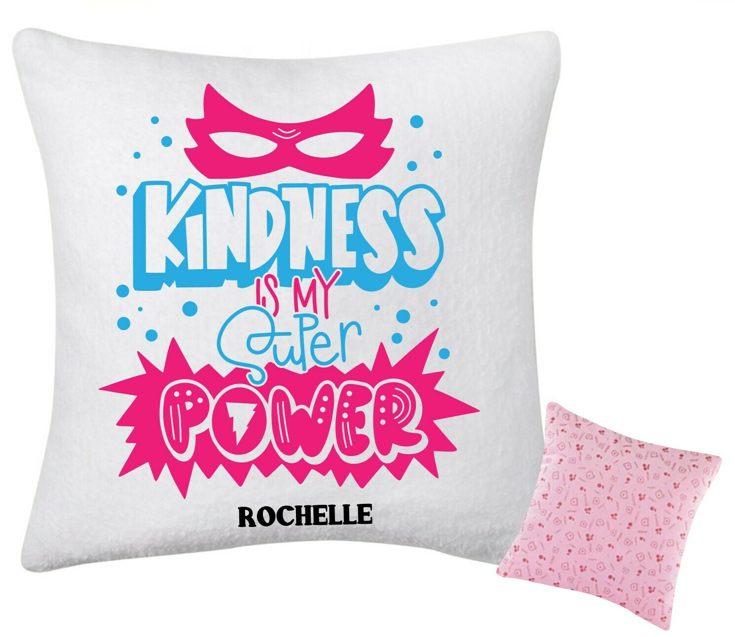 Personalized kids comfort pillow with playful encouraging words and name.