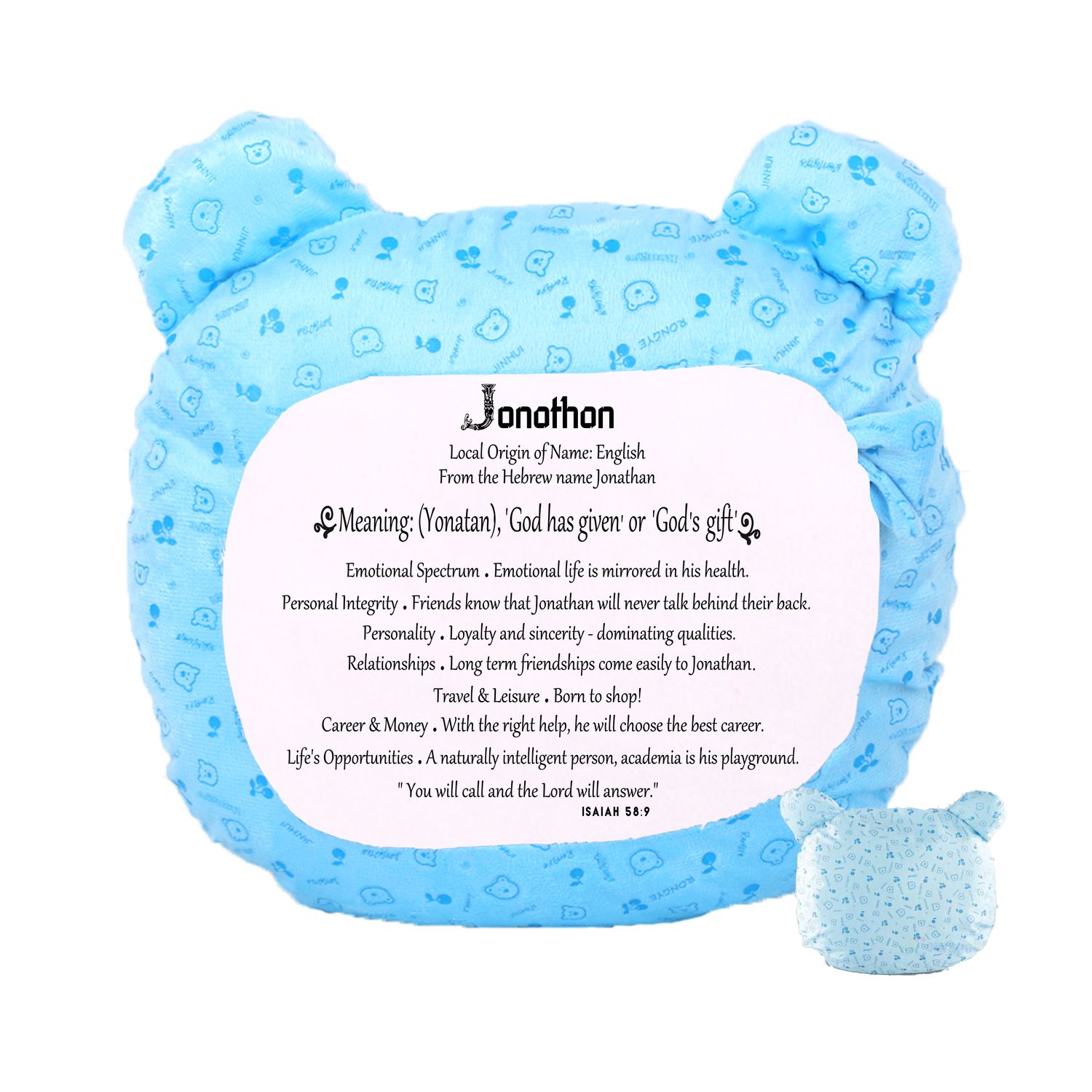 Custom children’s throw pillow featuring name meaning and personality traits.