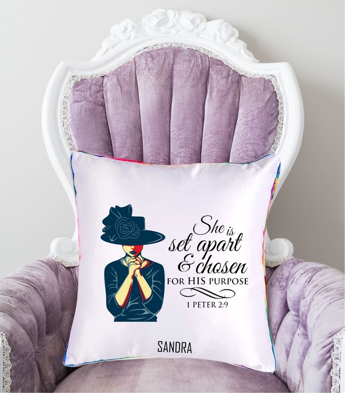 Personalized throw pillow with your name and Bible verse.