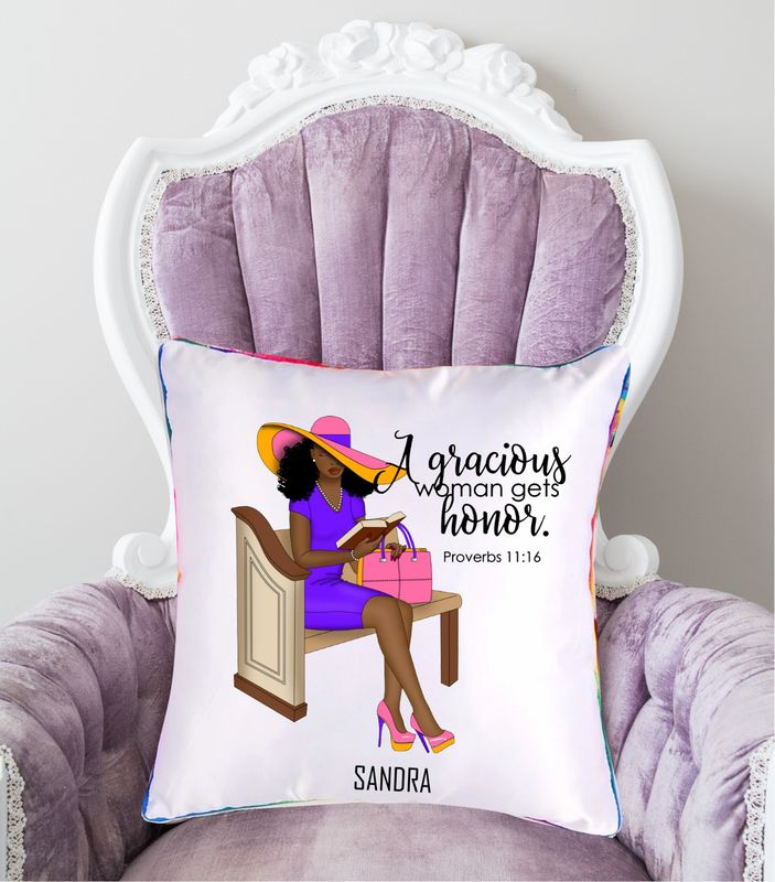Personalized throw pillow with your name and Bible verse.