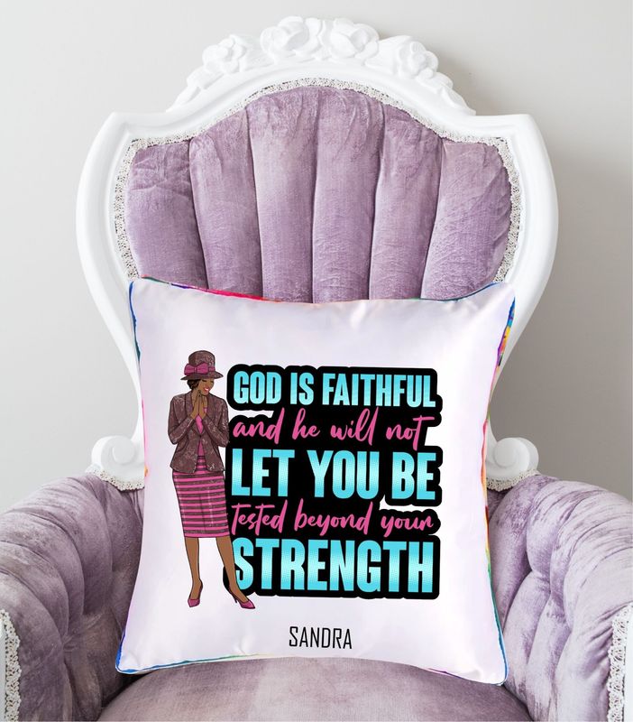 Personalized throw pillow with your name and Bible verse.