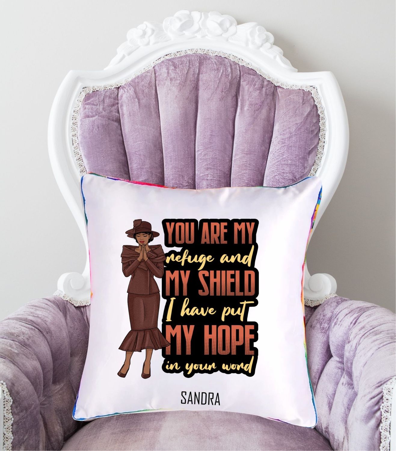 Personalized throw pillow with your name and Bible verse.