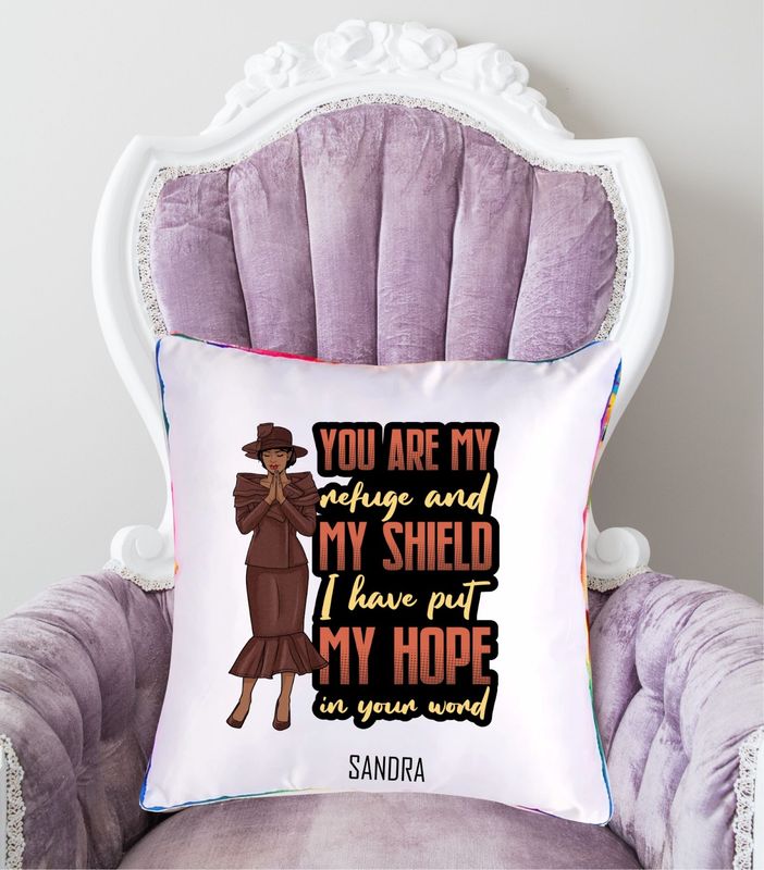 Personalized throw pillow with your name and Bible verse.