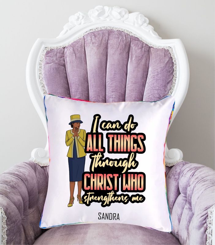 Personalized throw pillow with your name and Bible verse.