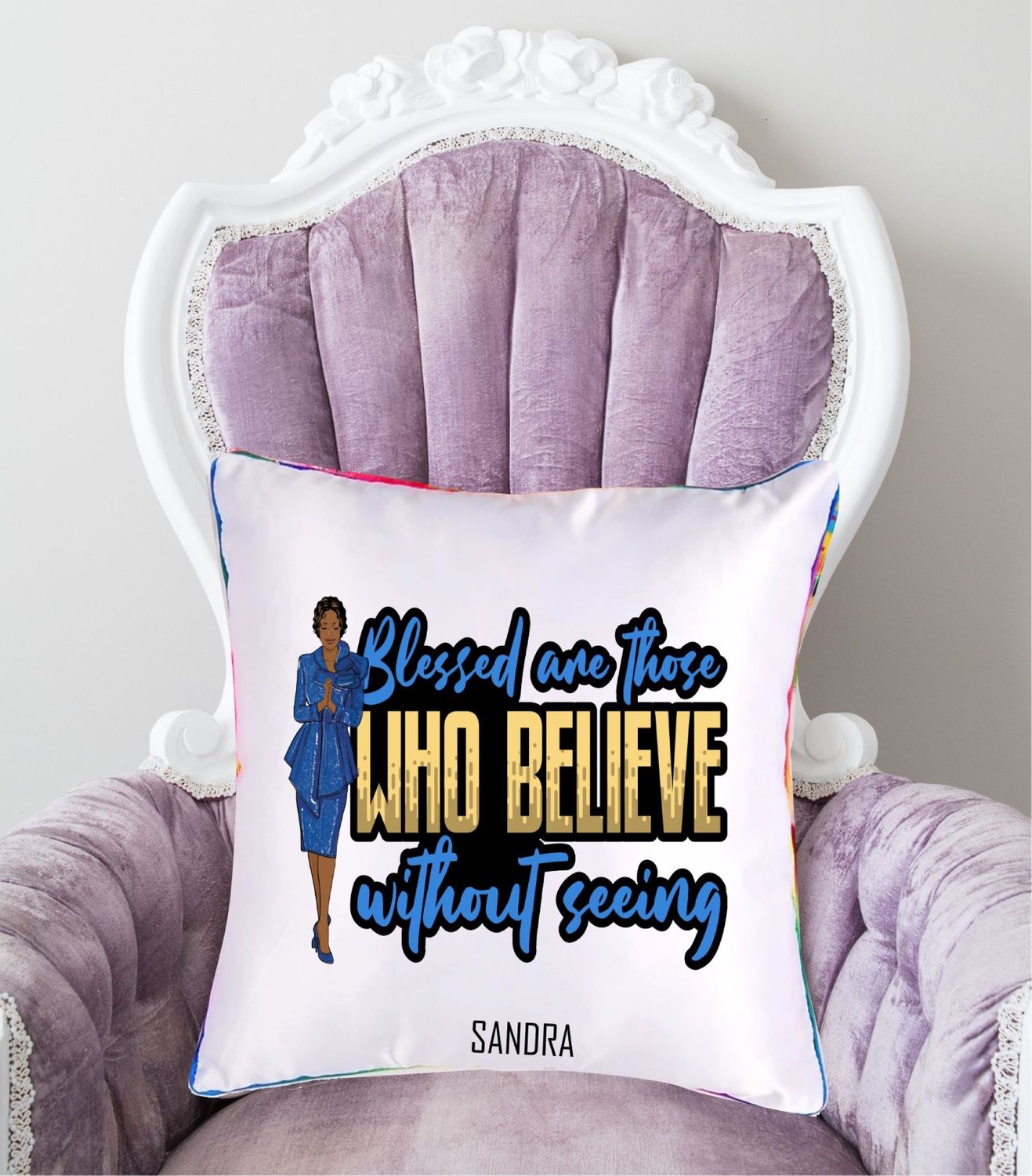 Personalized throw pillow with your name and Bible verse.