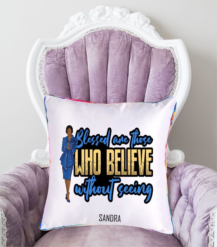 Personalized throw pillow with your name and Bible verse.