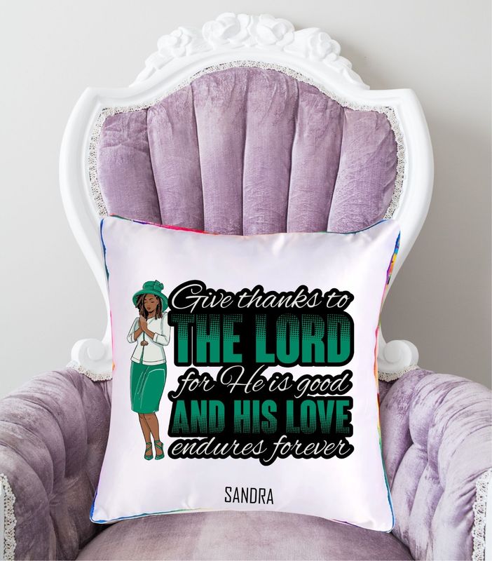Personalized throw pillow with your name and Bible verse.