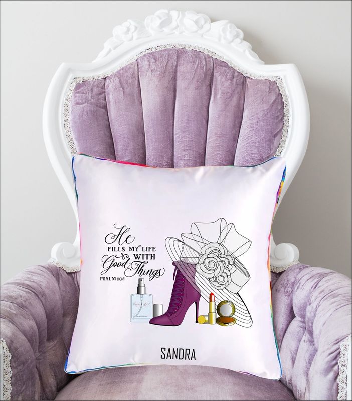 Personalized throw pillow with your name and Bible verse.