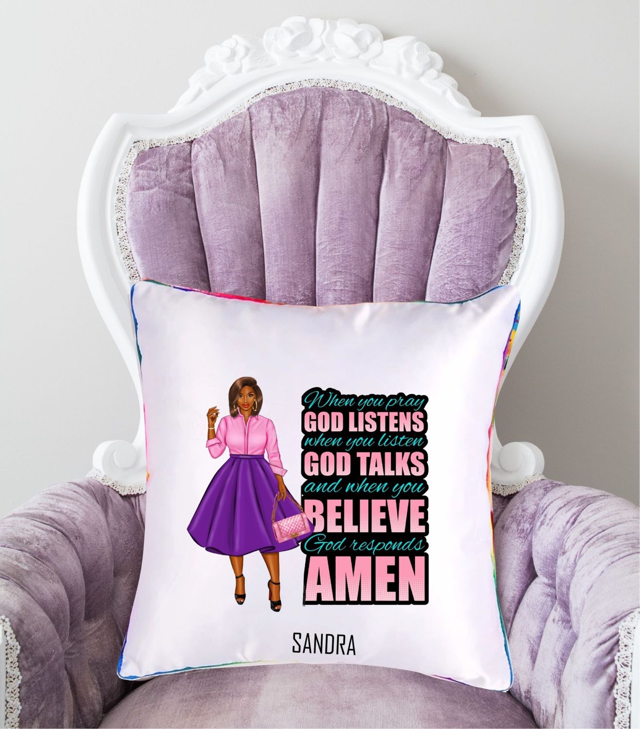 Personalized throw pillow with your name and Bible verse.